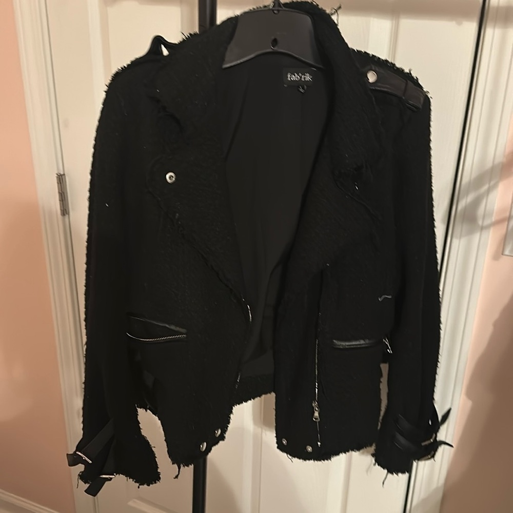 Lined tweed coat with leather moto details